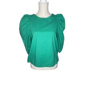 A‎ New Day Green Eyelet Fitted Puff Sleeve Top SZ S